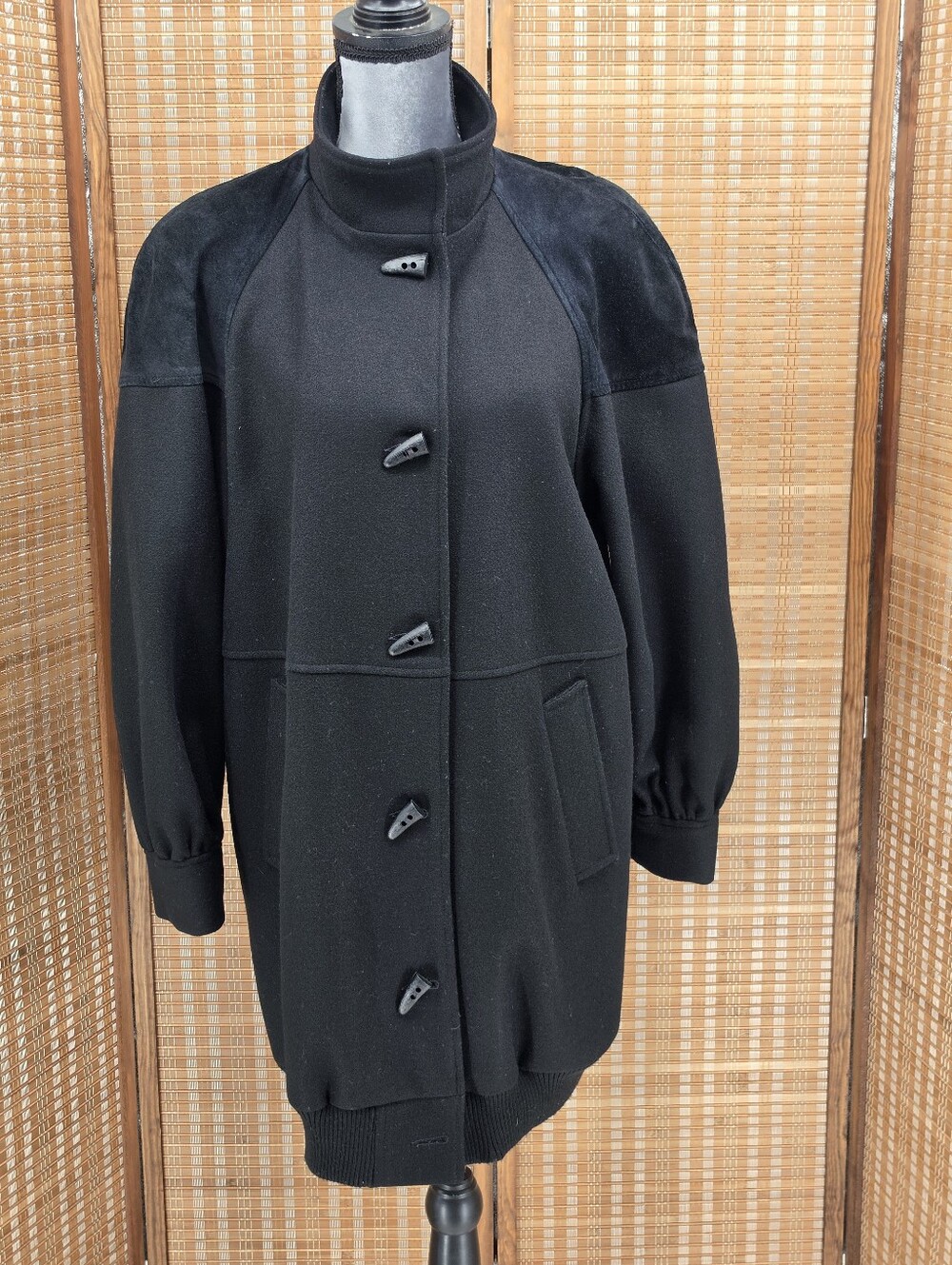 80s Forstmann Andover Black Wool Drop Shoulder Toggle Button Coat Size 10